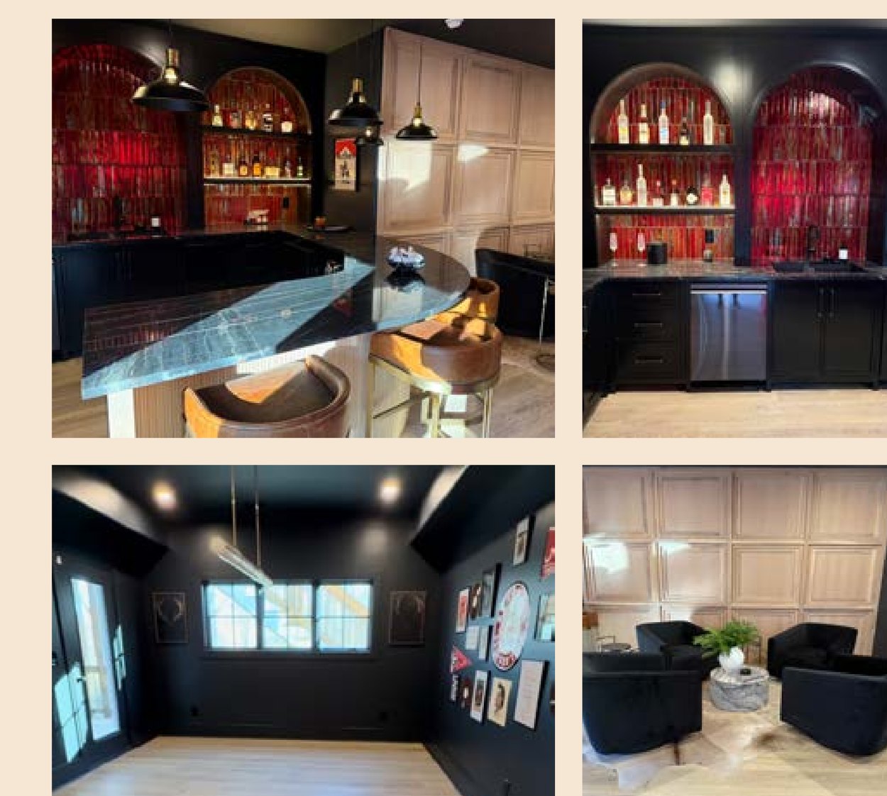 The finished home bar: lit arched niches, stone counter and leather stools