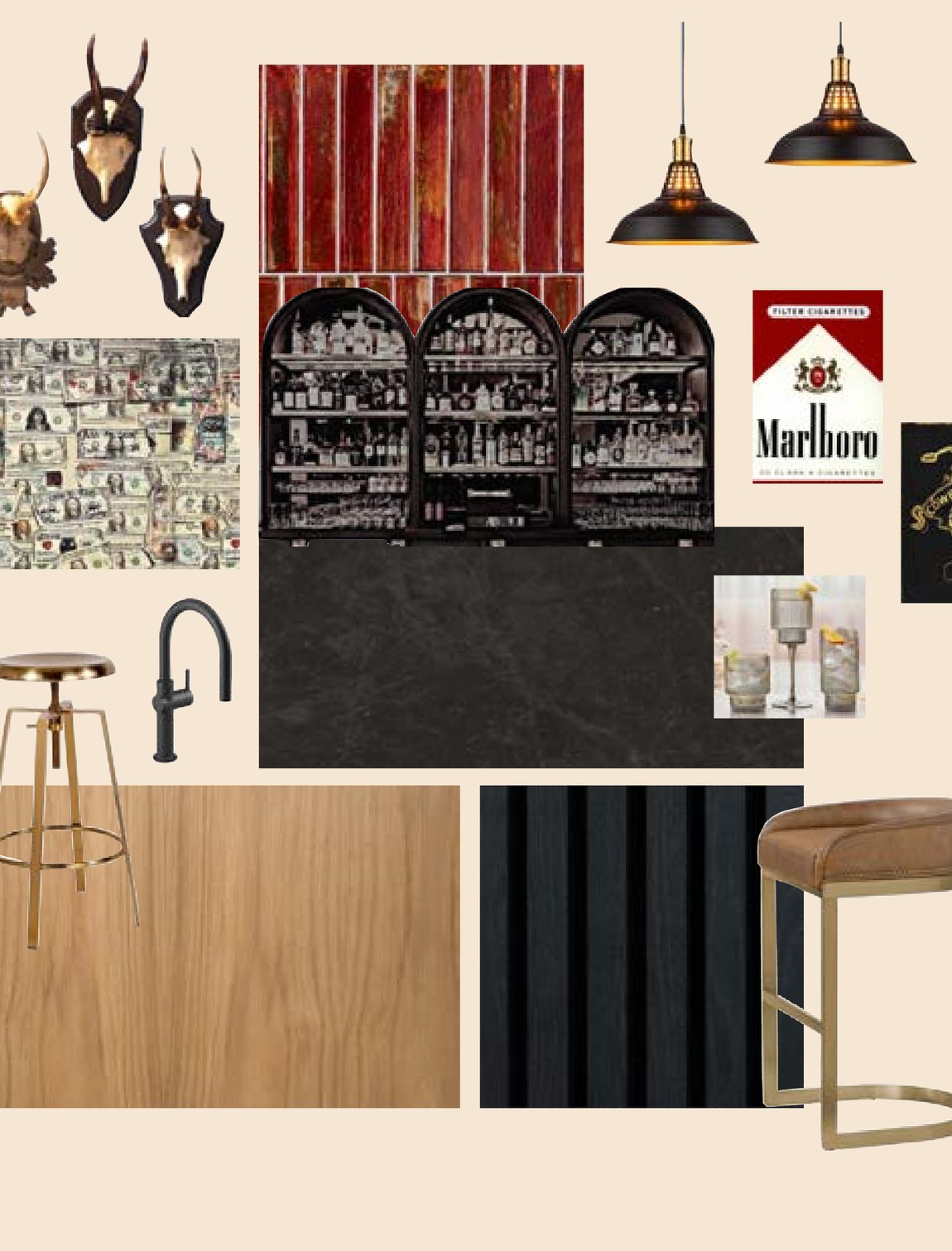 Mood board for the home bar: antlers, oxblood tile, brass and black oak