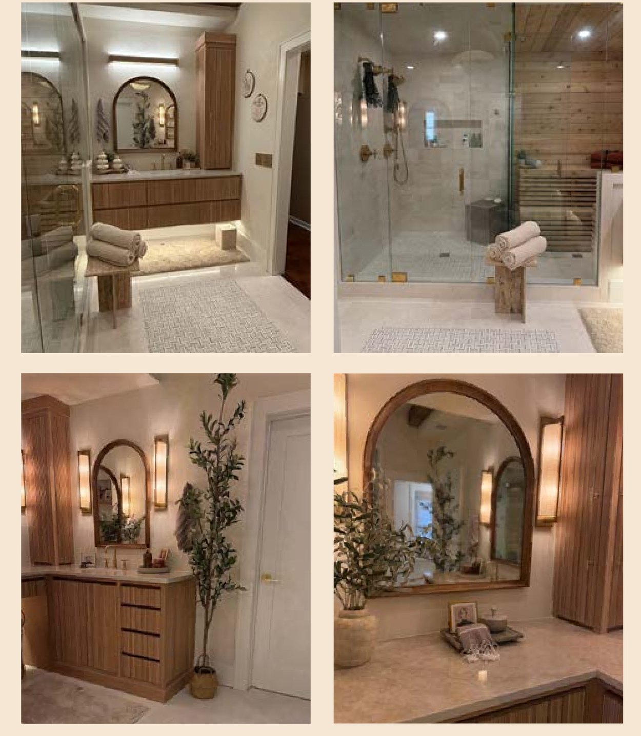 The finished bathroom with wood vanity, arched mirrors and glass shower