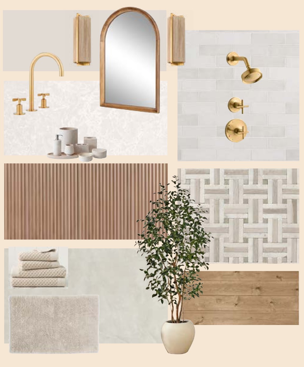 Mood board for the bathroom: brass fixtures, fluted wood, marble basketweave tile