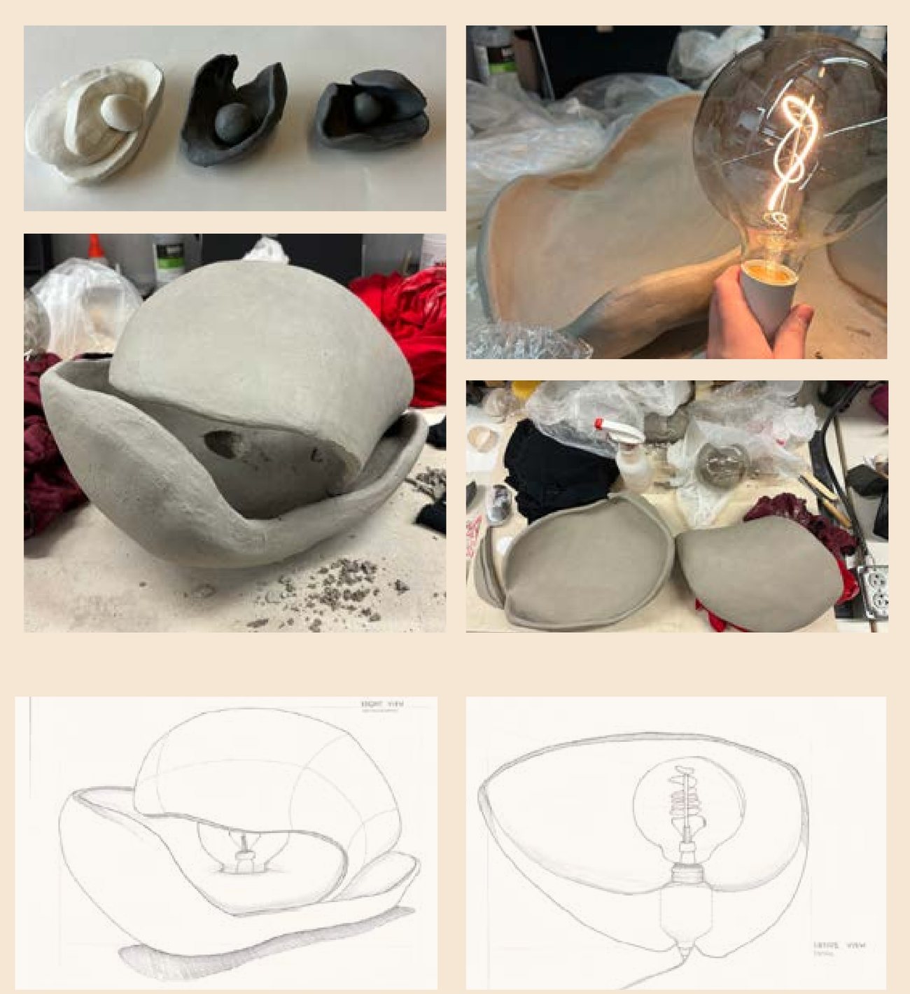 Development: clay models, the hollowed sculpted shade, and orthographic sketches