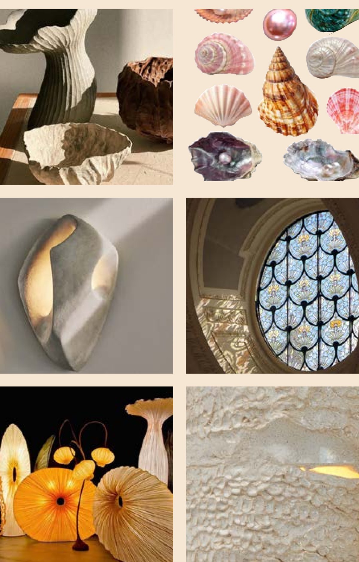 Mood board of shells, carved forms, stained glass and lantern lighting